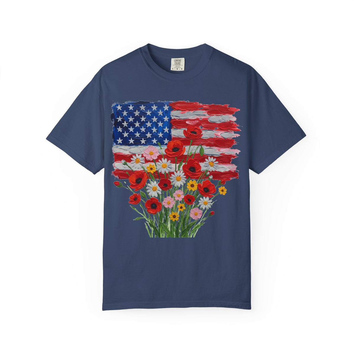 American Flag Poppy Bouquet Shirt, Impasto Patriotic Floral Tee, Memorial Day Shirt, Veterans Gift