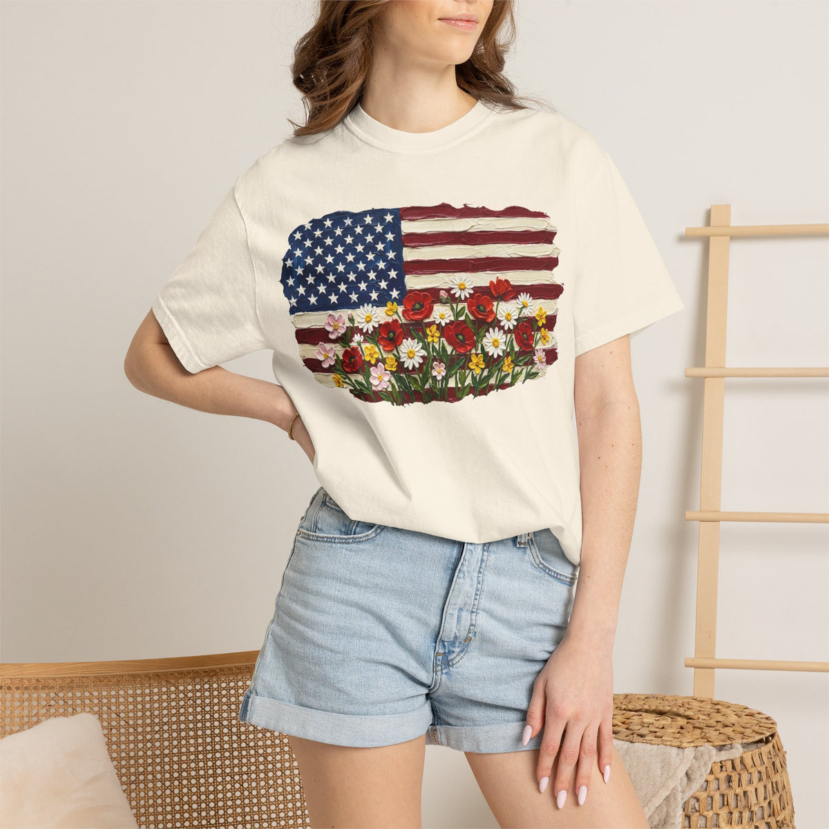 Impasto American Flag Wildflowers Shirt, Painted Flag Floral Tee, Patriotic Garden Shirt, Fourth Of July Gift