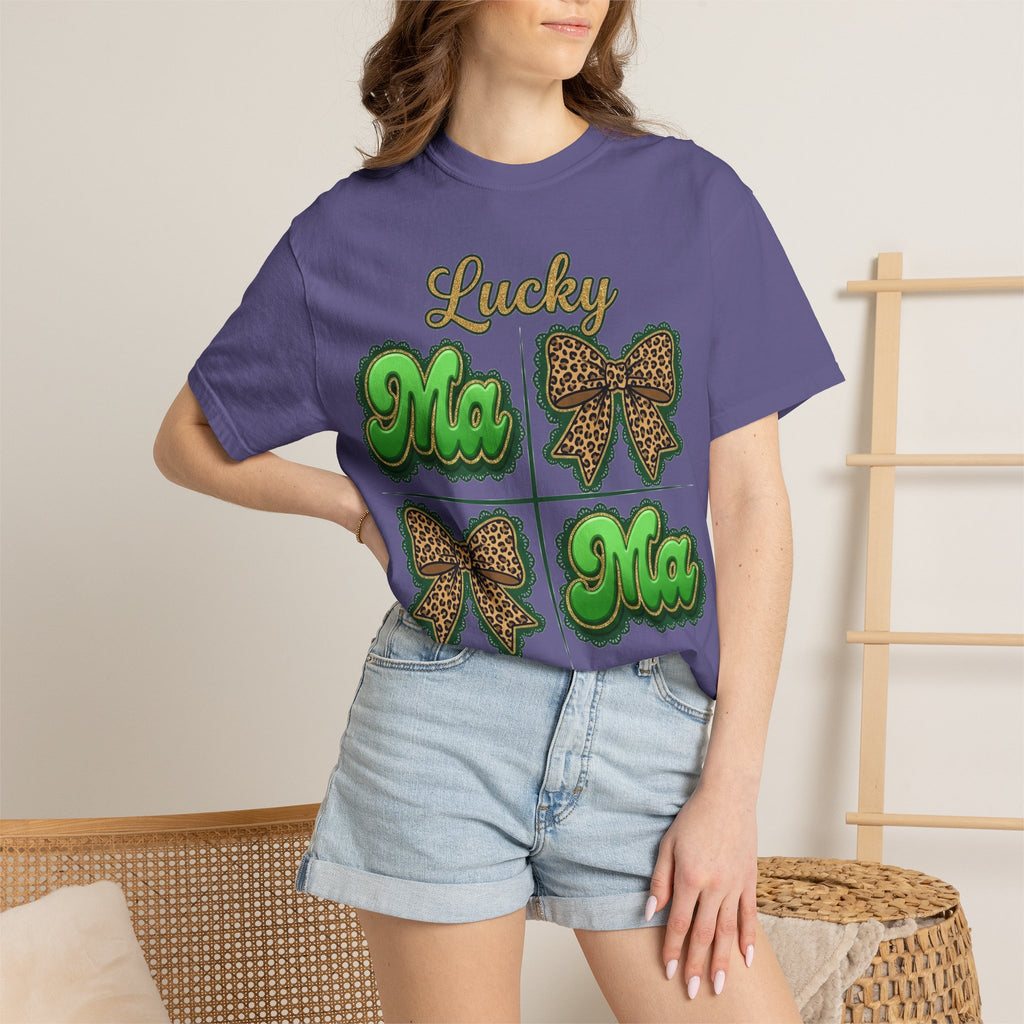 Lucky Mama Shirt, St Patricks Day Leopard Bow Tee, Green Glitter Mama Shirt, Irish Mom Gift