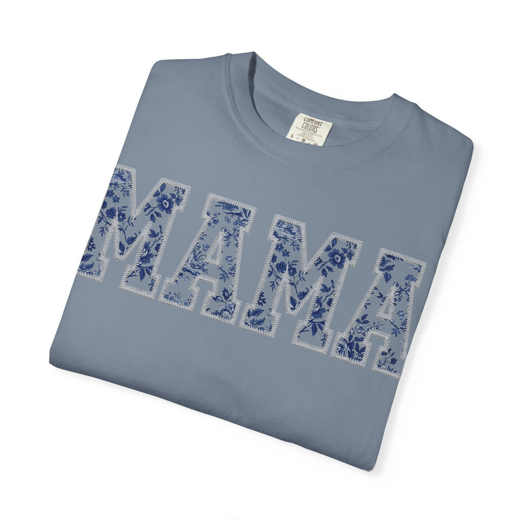 Mama Blue Toile Shirt, Delft Floral Applique Varsity Tee, Chinoiserie Mom Shirt, Mothers Day Gift
