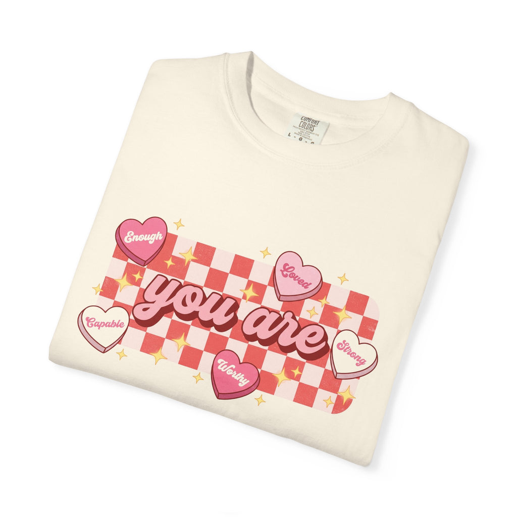 You Are Enough Loved Worthy Shirt, Conversation Heart Checkerboard Tee, Affirmation Valentine Shirt, Gift For Her
