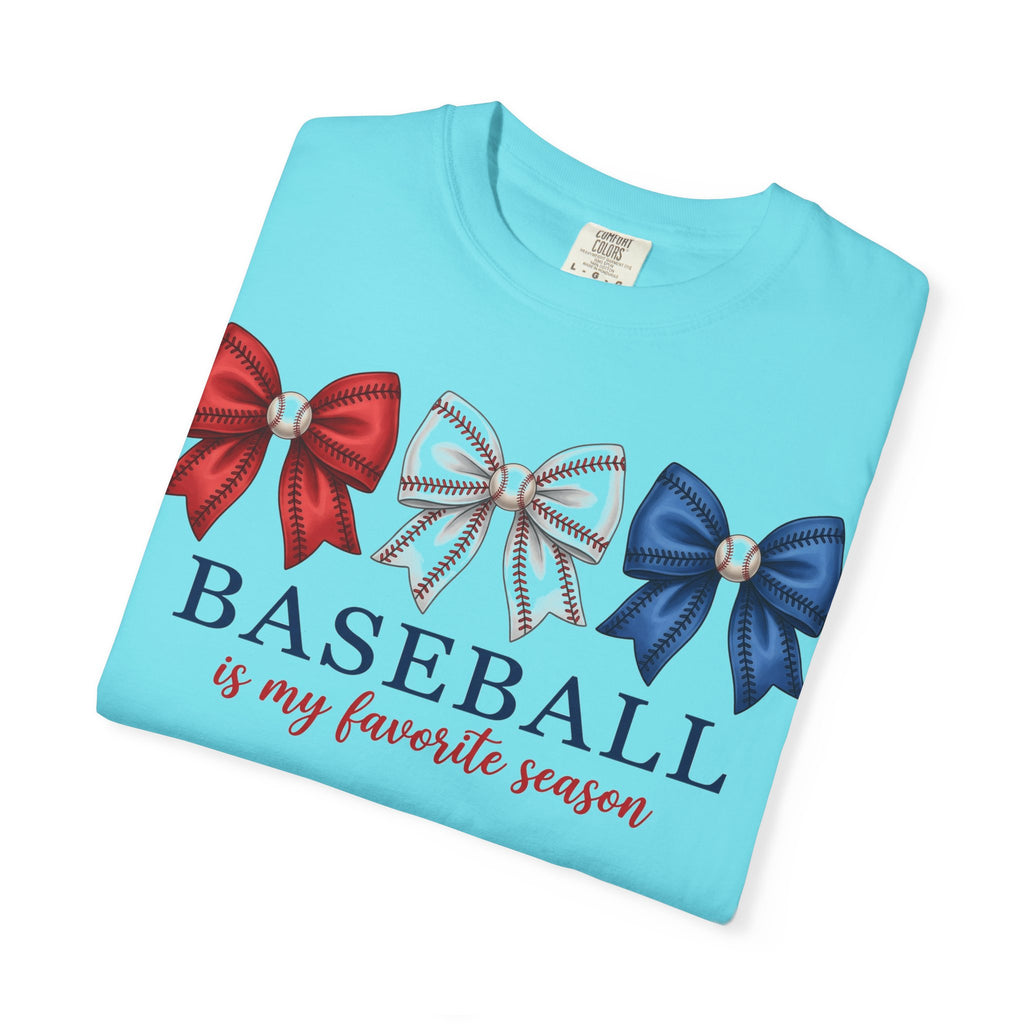 Baseball Is My Favorite Season Tee, Small Bow Trio Baseball Shirt, Coquette Sports Mom Shirt, Game Day Gift