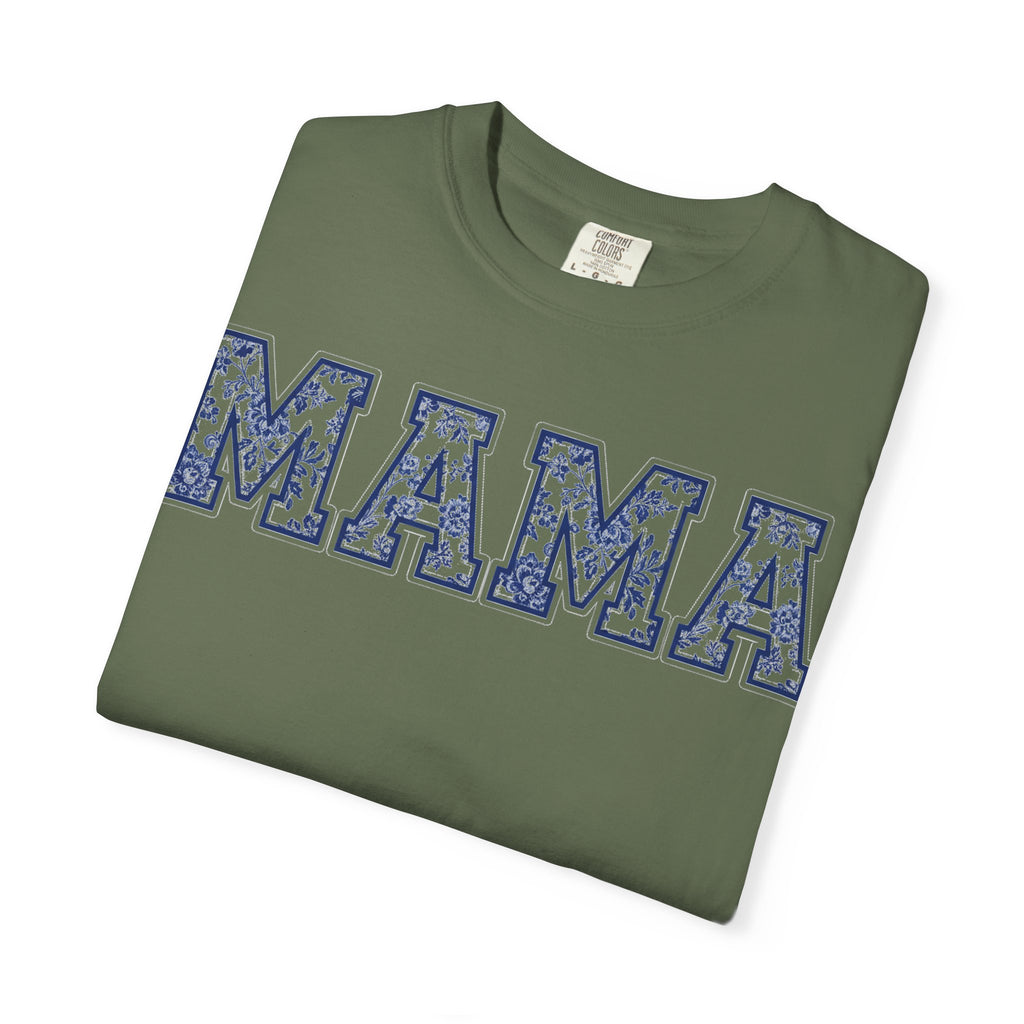 Mama Delft Blue Floral Shirt, Toile Varsity Applique Tee, Grandmillennial Mom Shirt, Mothers Day Gift