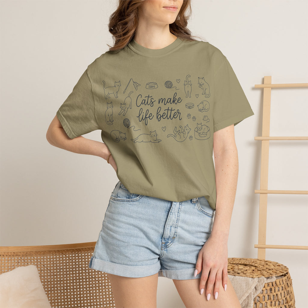 Cats Make Life Better Wide Shirt, Scattered Cat Doodle Tee, Minimal Cat Lover Shirt, Cat Owner Gift