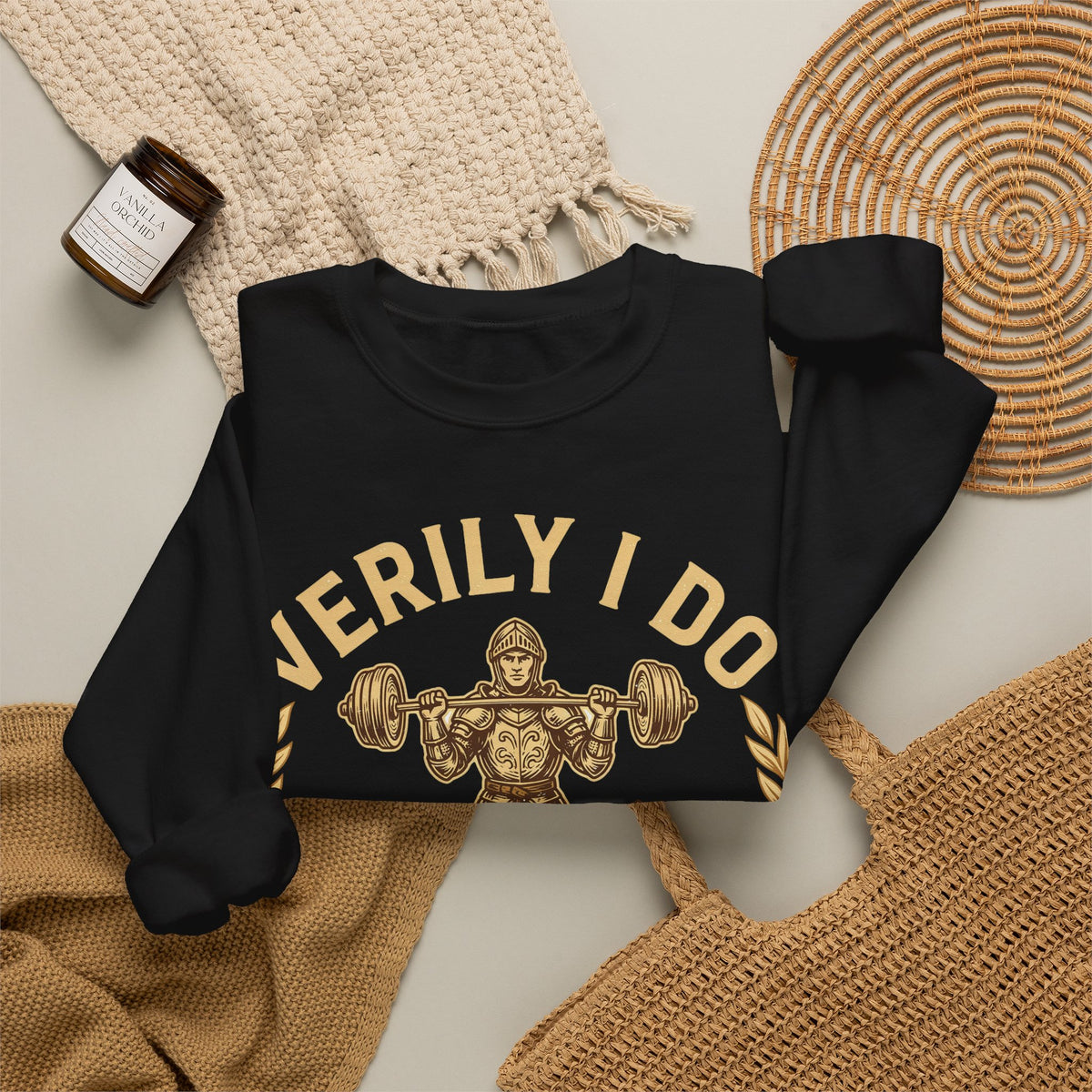 Funny Gym Sweatshirt Verily I Do Lift | Medieval Knight Weightlifting Sweatshirt | Sarcastic Workout Sweatshirt | Gym Gift