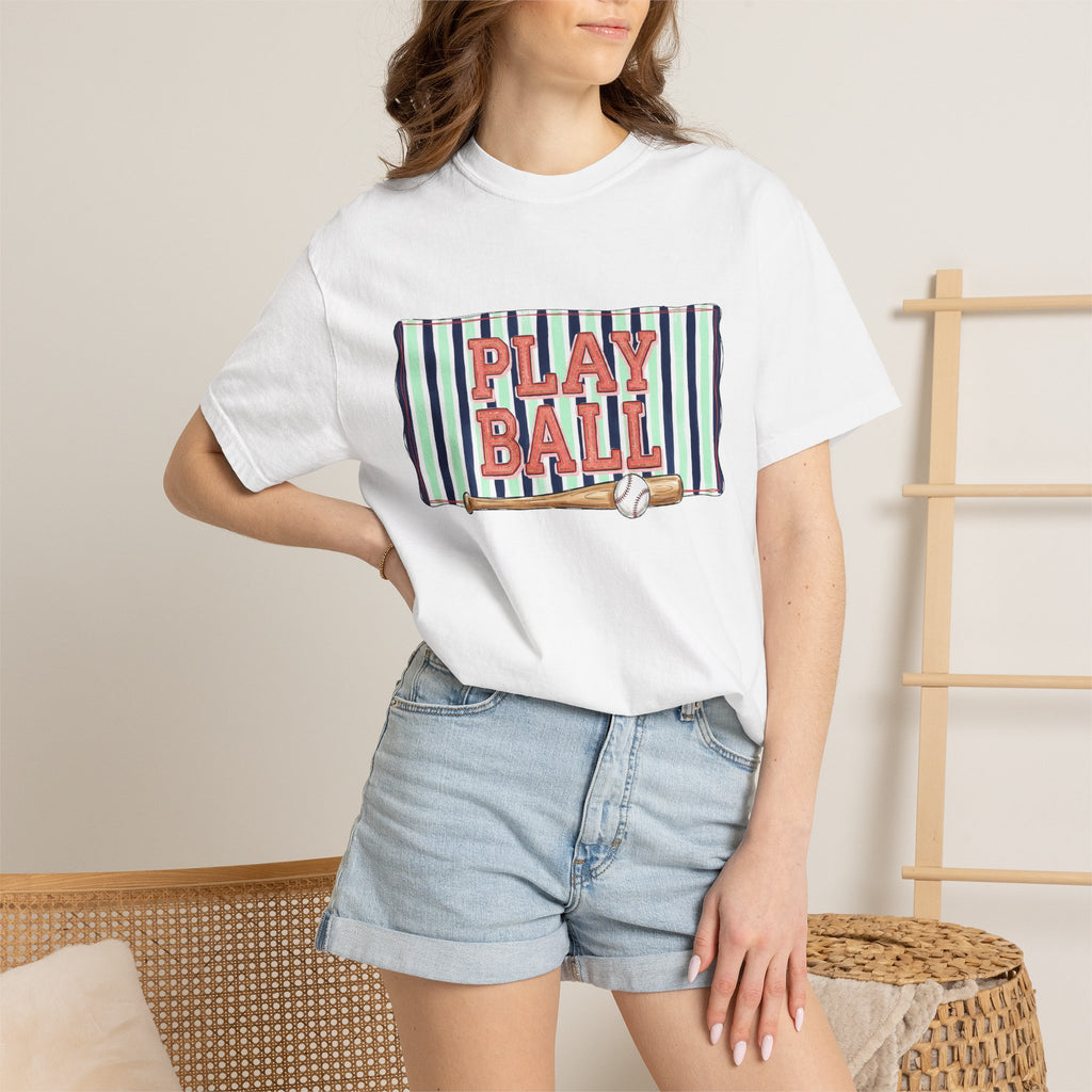 Play Ball Wide Stripe Shirt, Baseball Bat And Ball Tee, Vintage Game Day Shirt, Baseball Mom Gift
