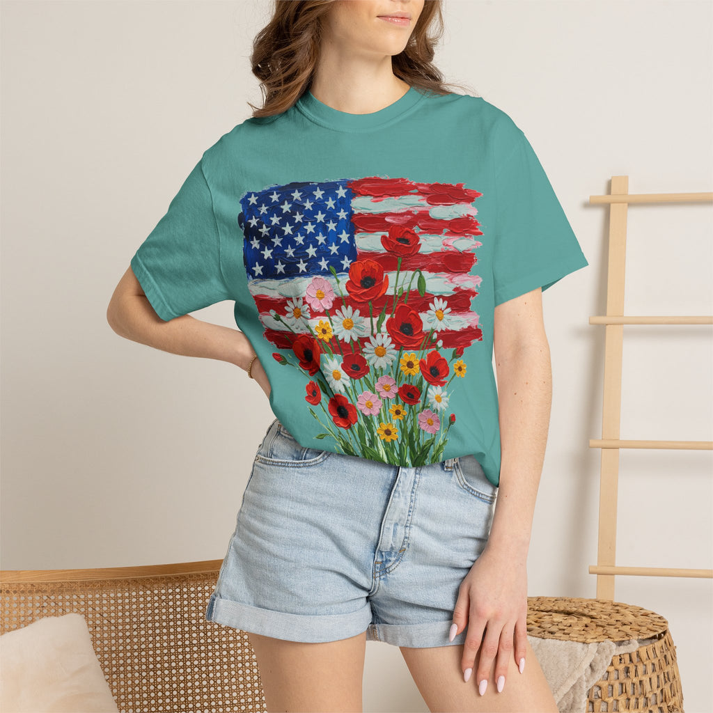 American Flag Poppy Bouquet Shirt, Impasto Patriotic Floral Tee, Memorial Day Shirt, Veterans Gift