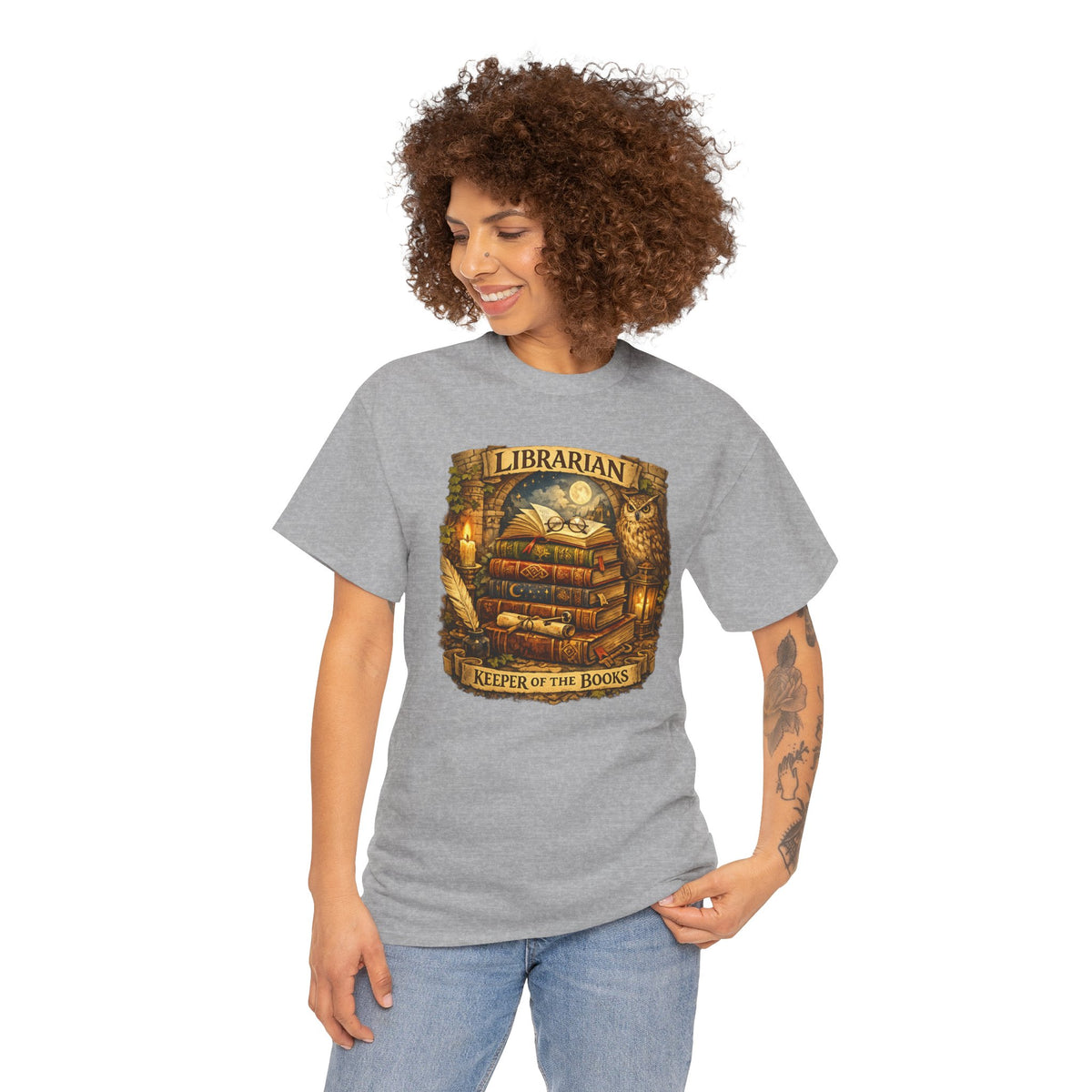 Librarian 'Keeper of the Books' T-Shirt — Vintage Bookstack & Owl Graphic