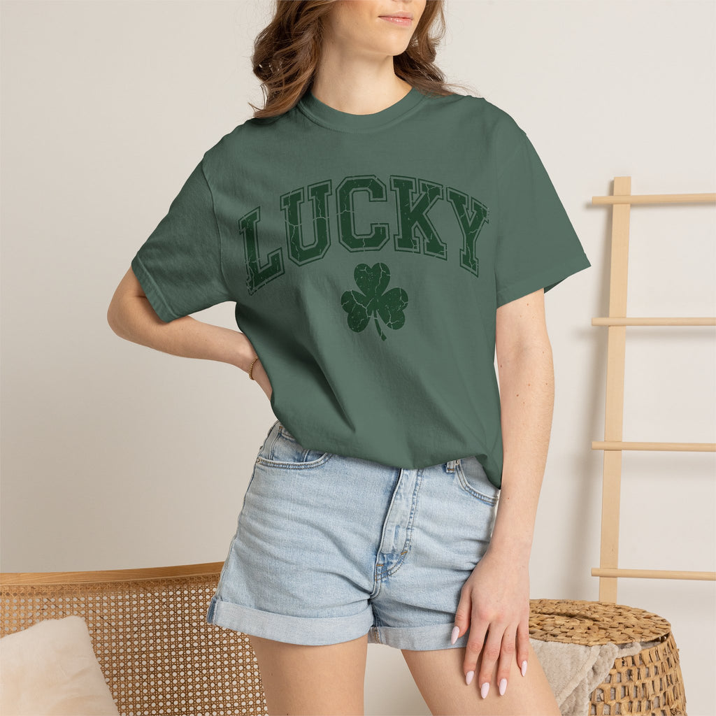 Lucky Shamrock Varsity Shirt, Distressed Green Clover Tee, St Patricks Day Collegiate Shirt, Irish Gift