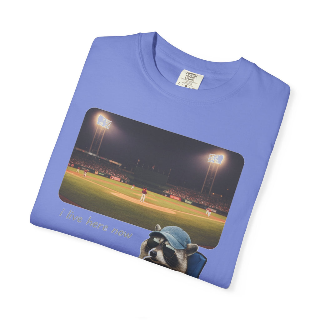 I Live Here Now Ballpark Raccoon Shirt, Funny Baseball Parent Tee, Camp Chair Raccoon Shirt, Sports Mom Gift
