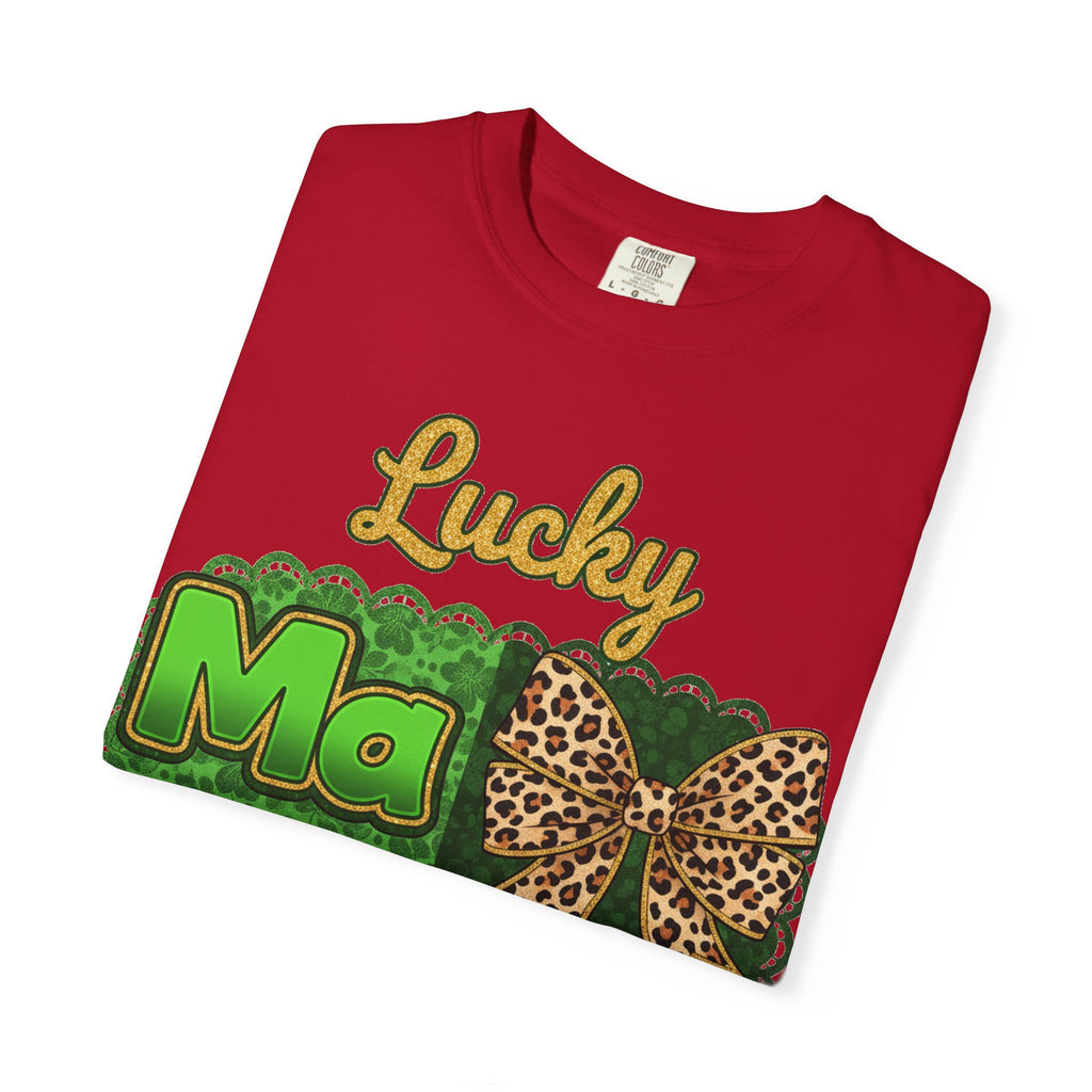 Lucky Mama Quad Shirt, Shamrock Leopard Bow Tee, St Patricks Day Mom Shirt, Irish Mama Gift
