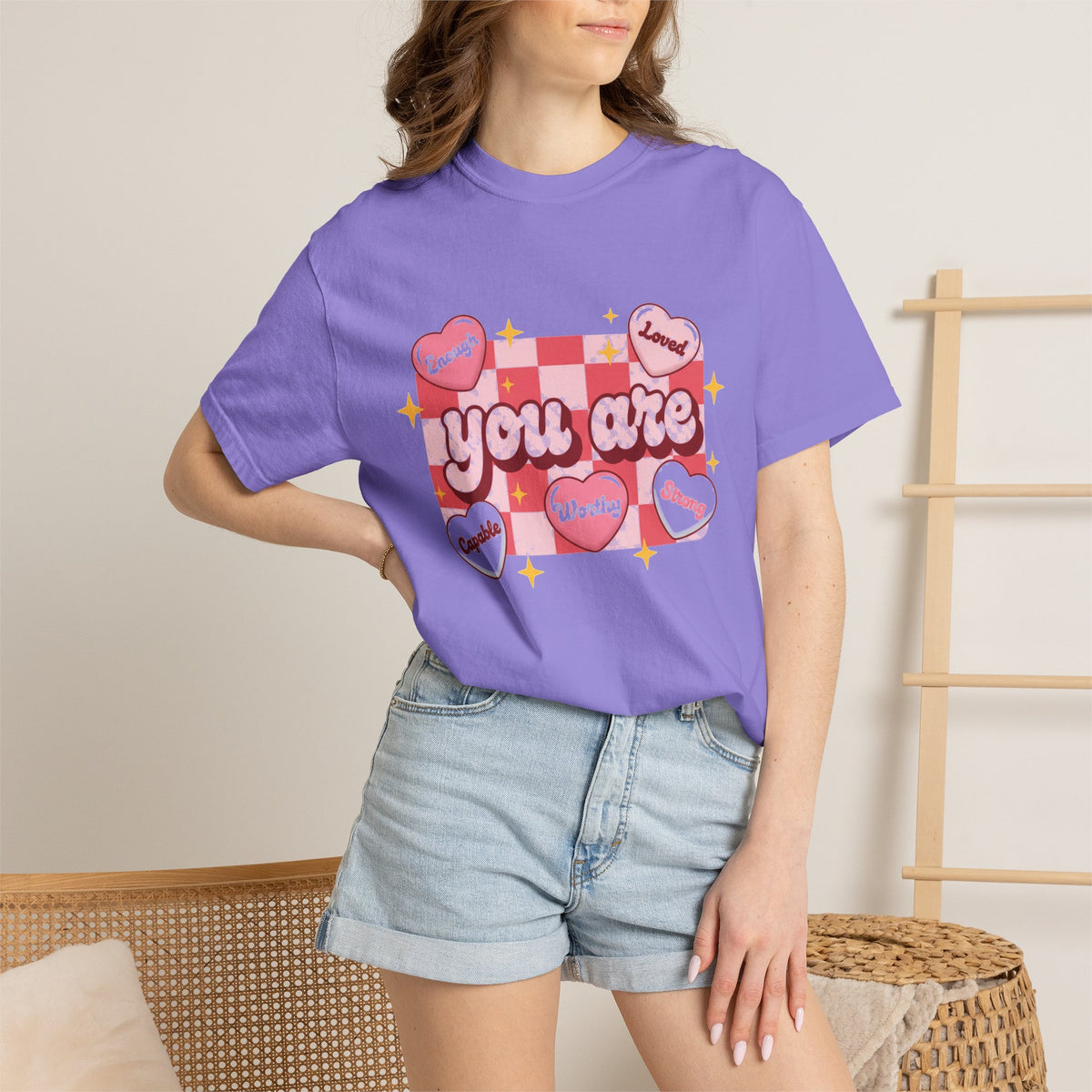 You Are Enough Pink Check Shirt, Affirmation Conversation Heart Tee, Valentines Shirt, Self Love Gift