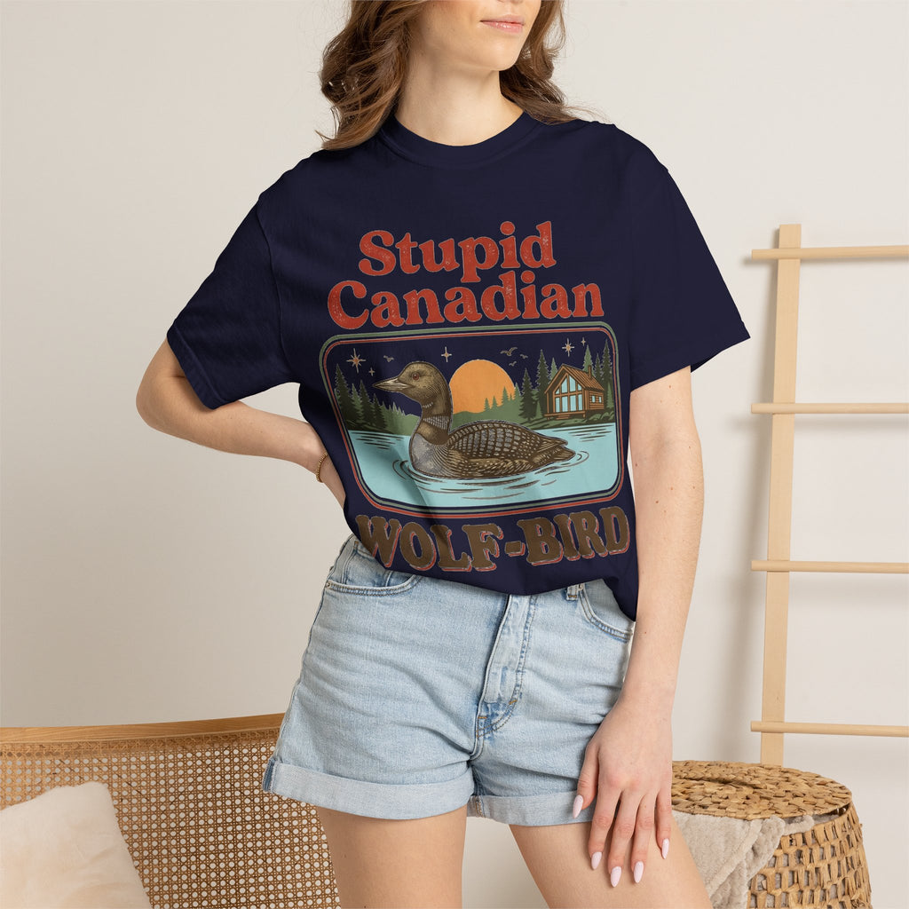 Stupid Canadian Wolf-Bird Classic Shirt, Loon Lake Scene Badge Tee, Funny Cabin Shirt, Lake Life Gift