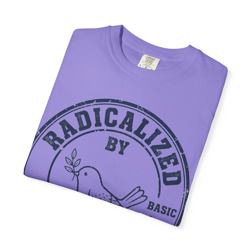 Radicalized By Basic Decency Navy Stamp Shirt, Line Art Dove Badge Tee, Kindness Protest Shirt, Activist Gift
