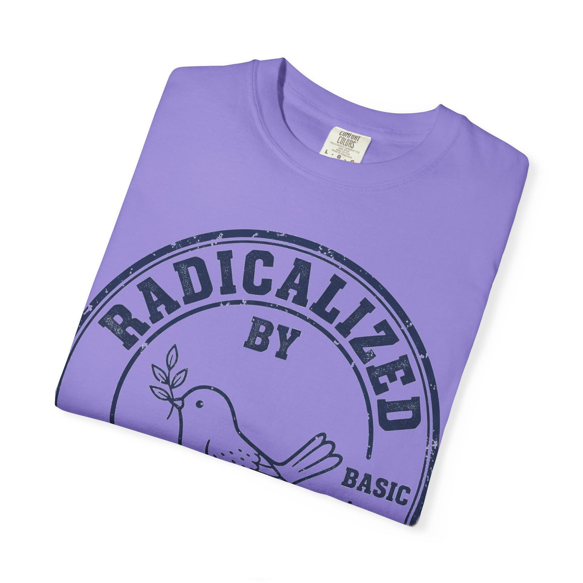 Radicalized By Basic Decency Navy Stamp Shirt, Line Art Dove Badge Tee, Kindness Protest Shirt, Activist Gift