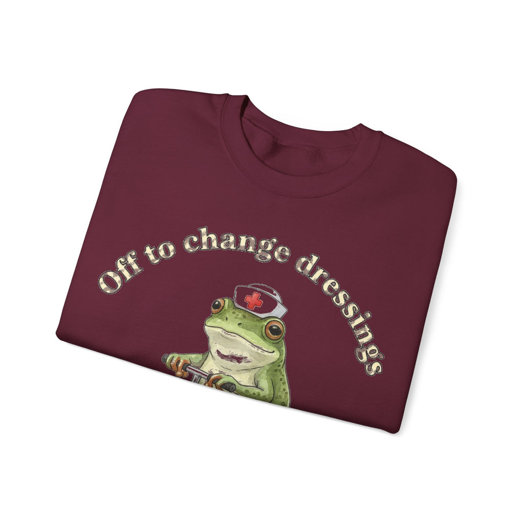 Off To Change Dressings Frog Nurse Sweatshirt, Wound Care Nurse Sweatshirt, Funny Frog Scooter Nurse Gift, Vintage RN Humor Sweatshirt, Scru