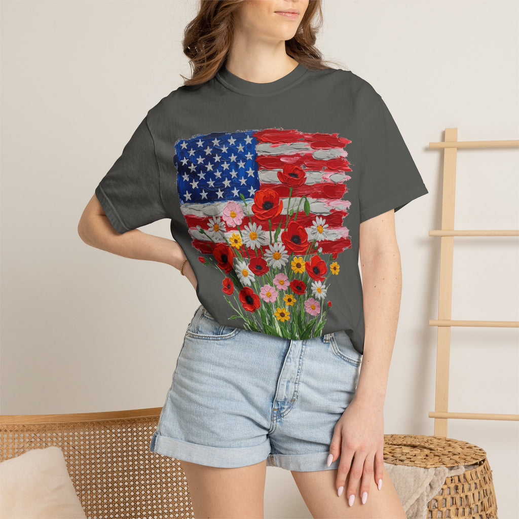 American Flag Poppy Bouquet Shirt, Impasto Patriotic Floral Tee, Memorial Day Shirt, Veterans Gift