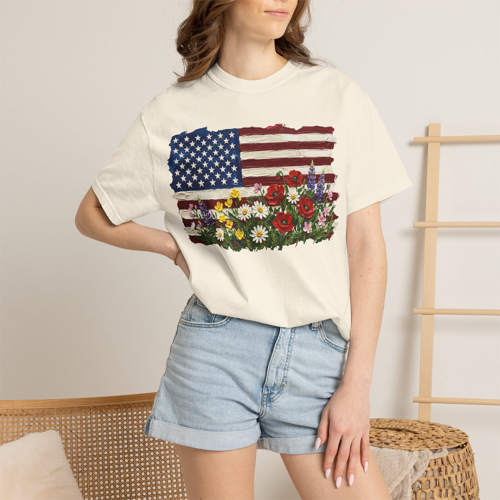Painted Flag Wildflower Meadow Shirt, Impasto Americana Floral Tee, Patriotic Shirt, Independence Day Gift