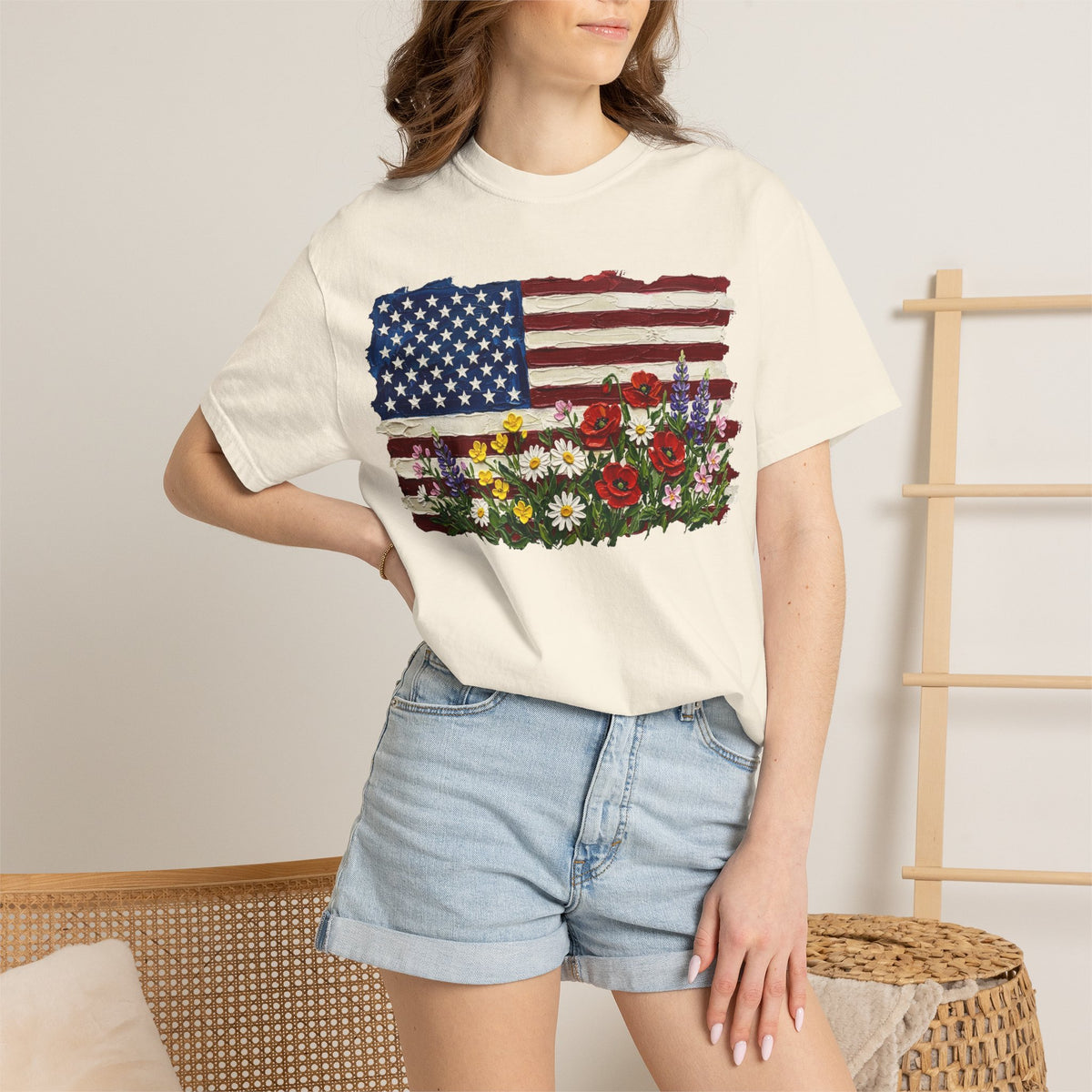 Painted Flag Wildflower Meadow Shirt, Impasto Americana Floral Tee, Patriotic Shirt, Independence Day Gift