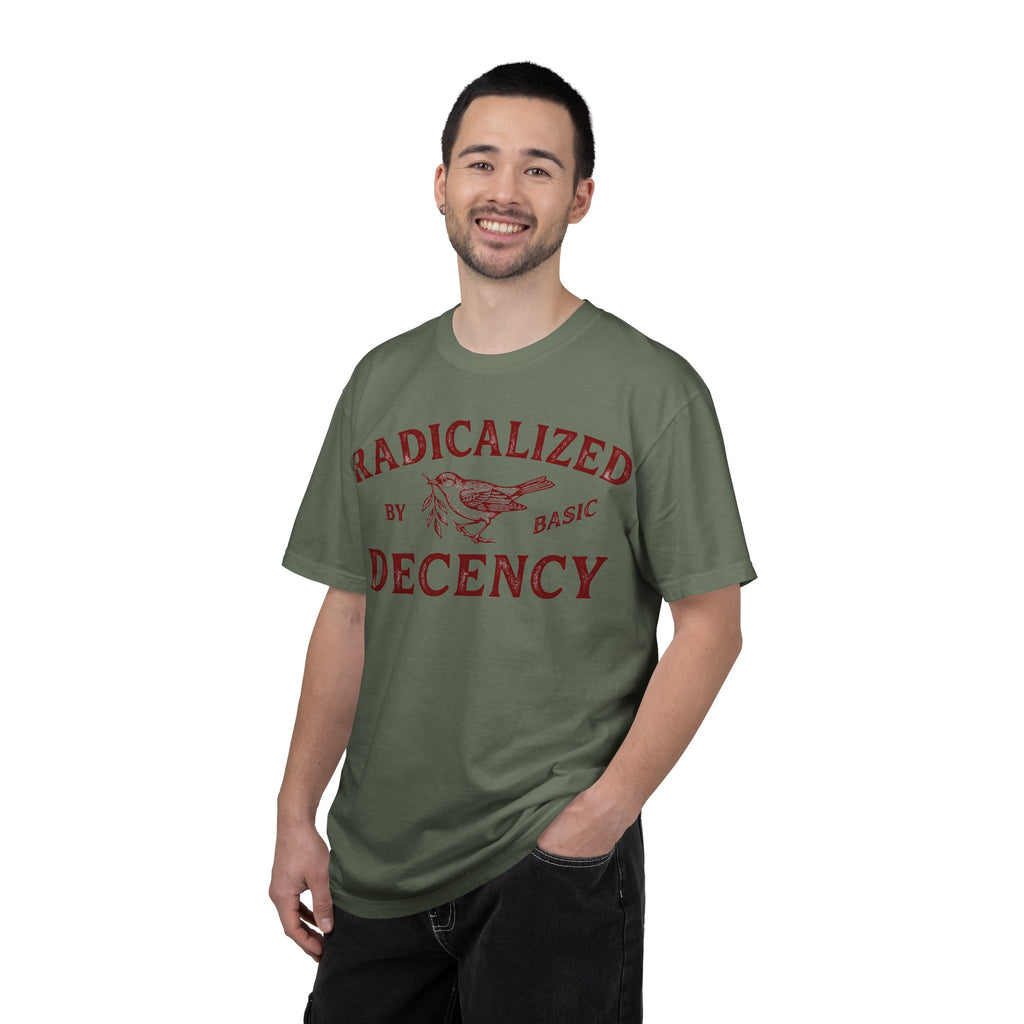 Radicalized By Basic Decency Bold Shirt, Engraved Bird Typography Tee, Kindness Statement Shirt, Protest Gift