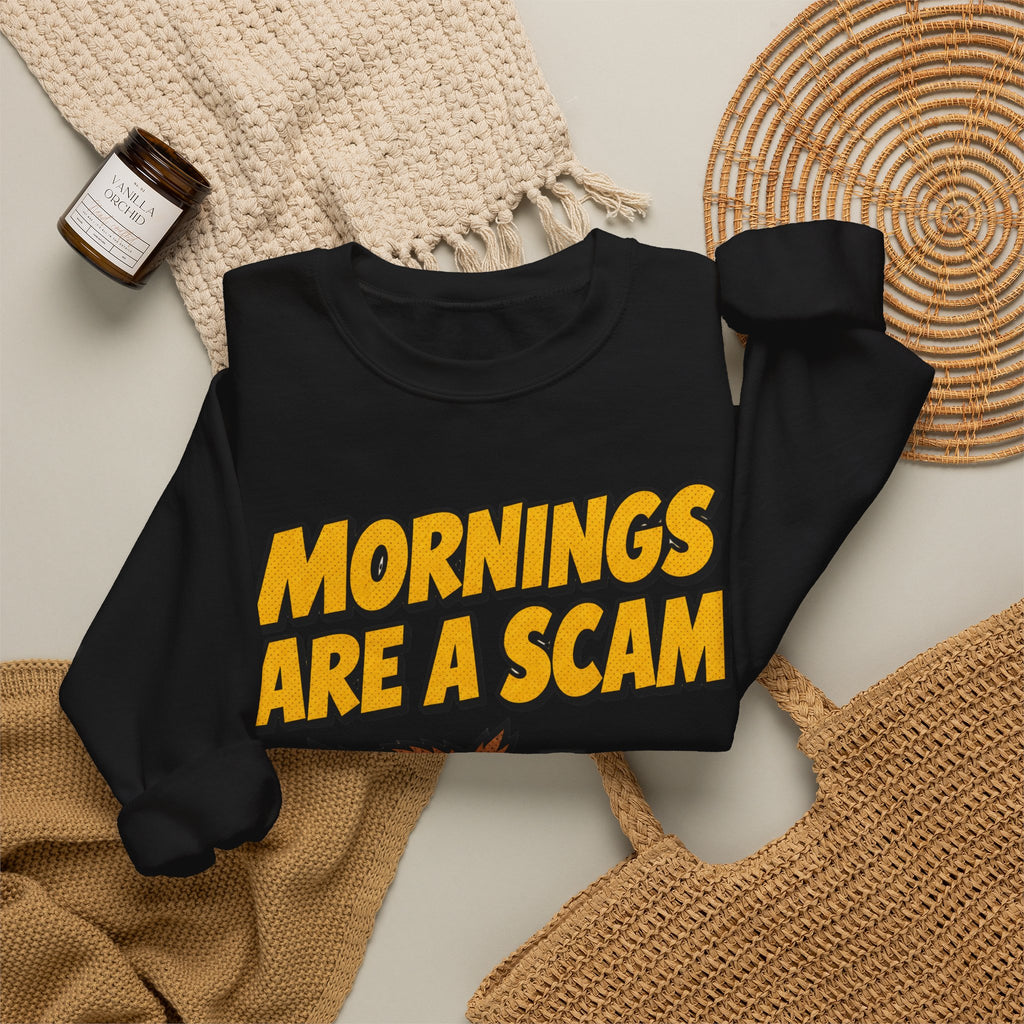 Sarcastic Sweatshirt Mornings Are A Scam | Grumpy Owl Comic Sweatshirt | Funny Not A Morning Person Gift | Anti Morning