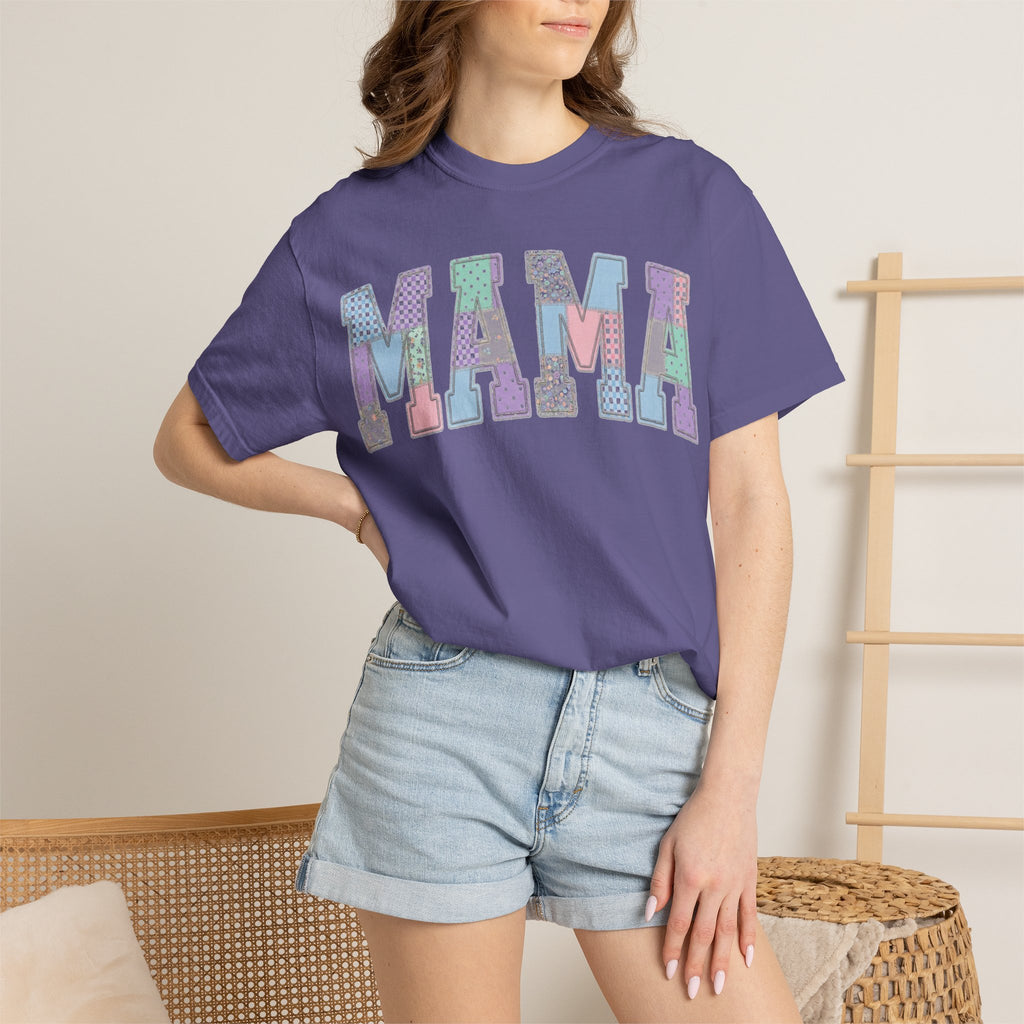 Mama Patchwork Shirt, Pastel Faux Applique Varsity Tee, Shabby Chic Mom Shirt, Mothers Day Gift