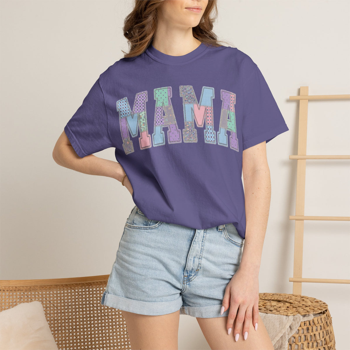 Mama Patchwork Shirt, Pastel Faux Applique Varsity Tee, Shabby Chic Mom Shirt, Mothers Day Gift
