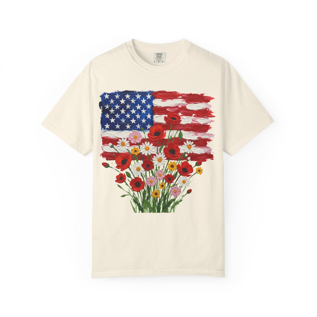 American Flag Poppy Bouquet Shirt, Impasto Patriotic Floral Tee, Memorial Day Shirt, Veterans Gift