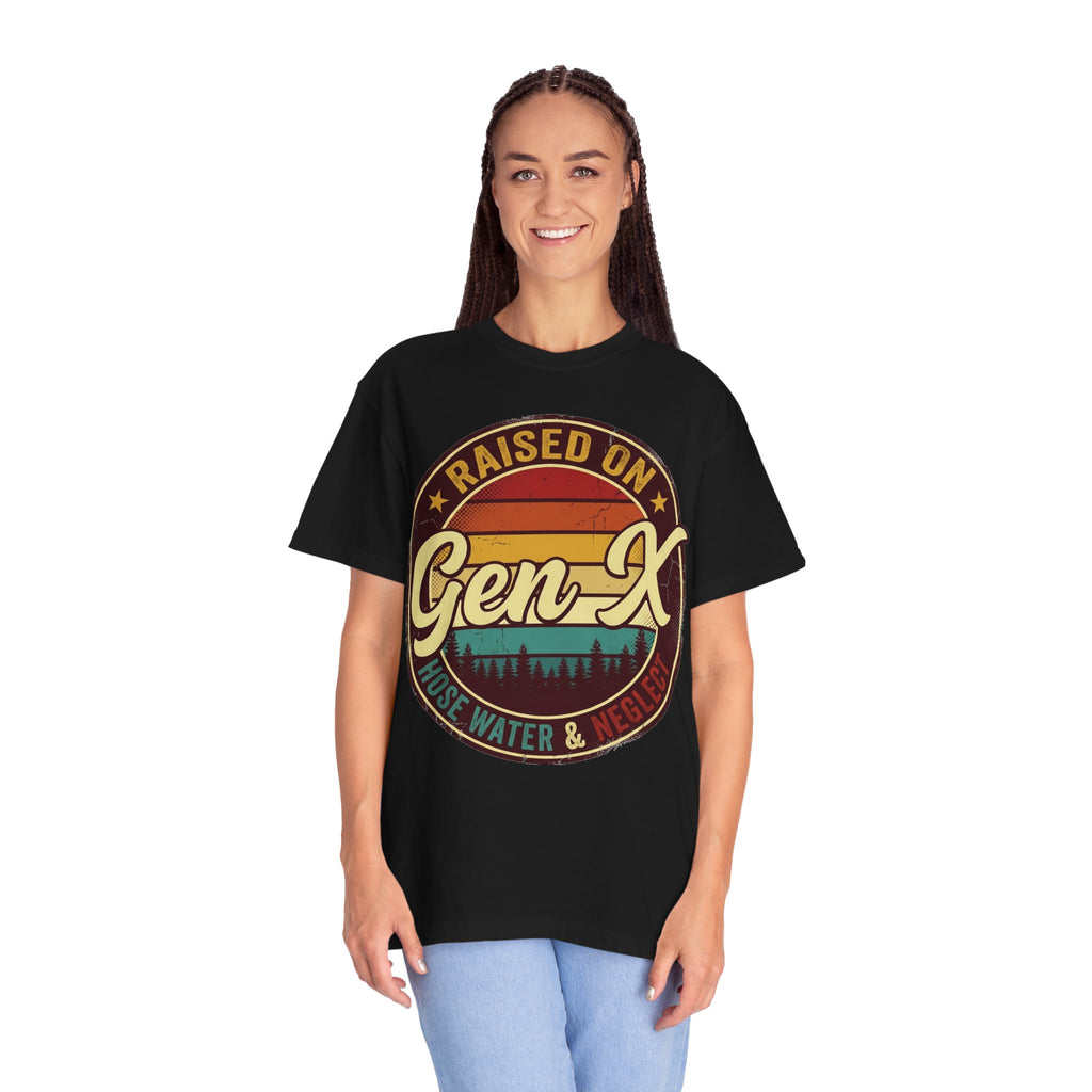 Gen X Retro Badge T-Shirt — "Raised on Gen-X" Vintage Sunset Tee