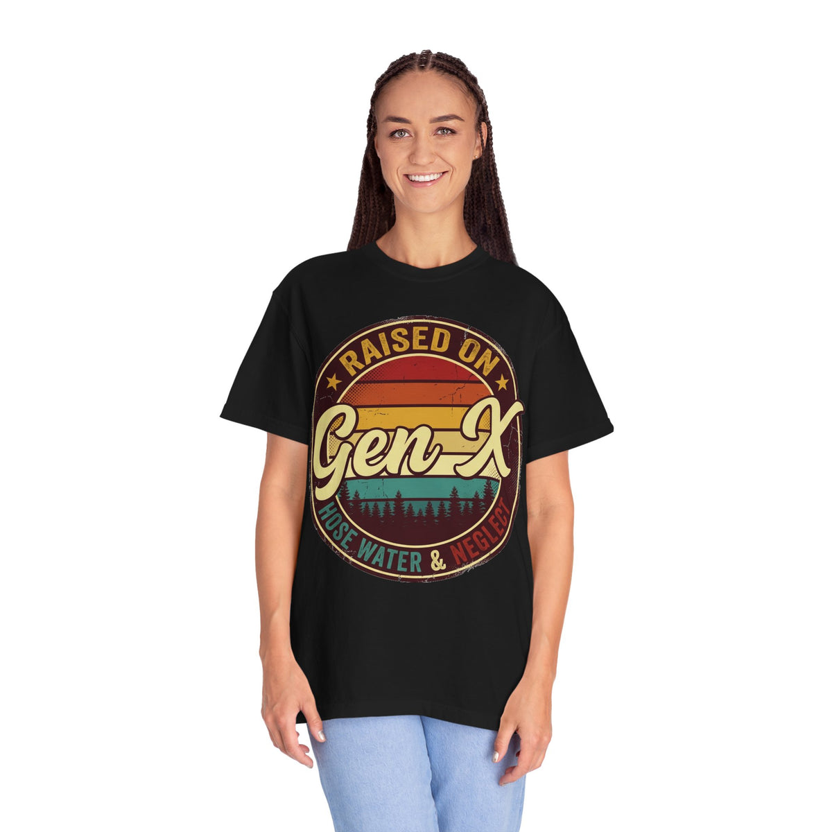Gen X Retro Badge T-Shirt — "Raised on Gen-X" Vintage Sunset Tee