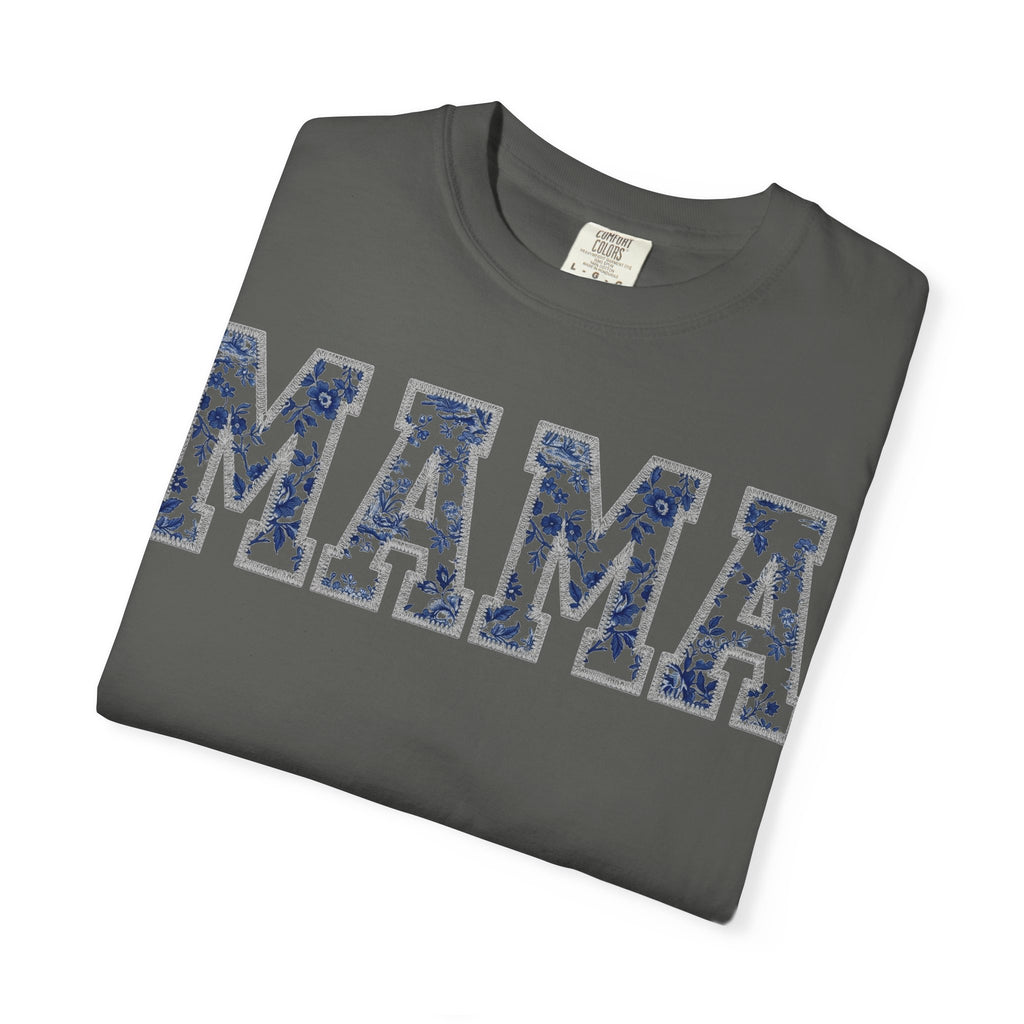 Mama Blue Toile Shirt, Delft Floral Applique Varsity Tee, Chinoiserie Mom Shirt, Mothers Day Gift