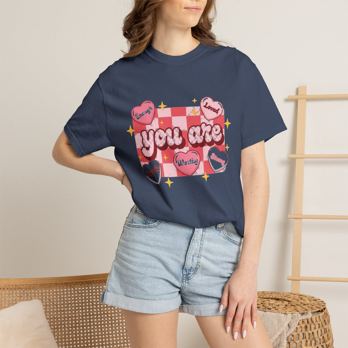 You Are Enough Pink Check Shirt, Affirmation Conversation Heart Tee, Valentines Shirt, Self Love Gift