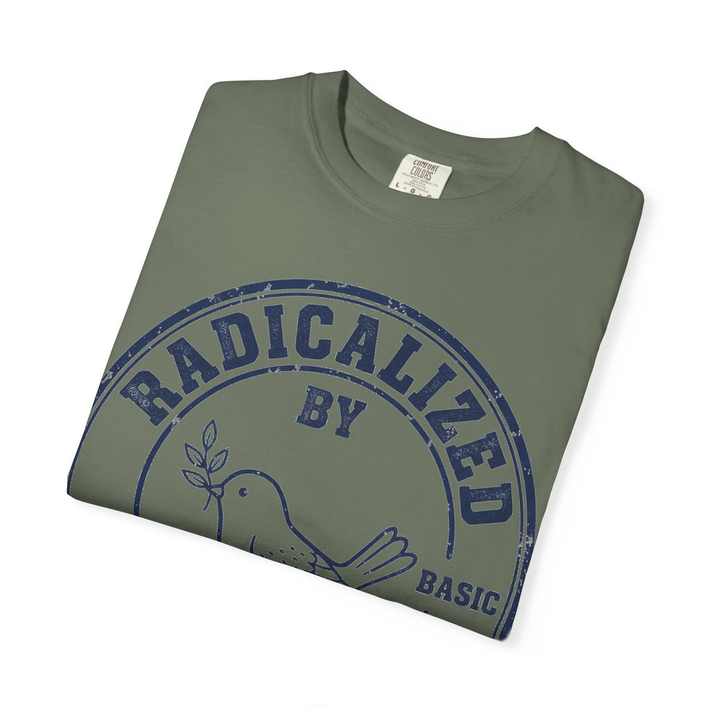 Radicalized By Basic Decency Navy Stamp Shirt, Line Art Dove Badge Tee, Kindness Protest Shirt, Activist Gift