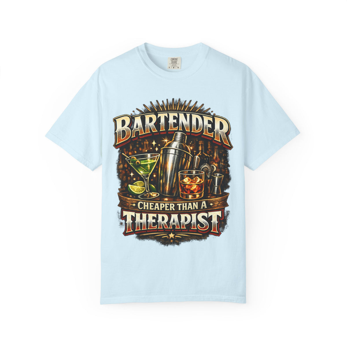 Bartender T-Shirt — "Bartender: Cheaper Than a Therapist" Vintage Bar Graphic Tee