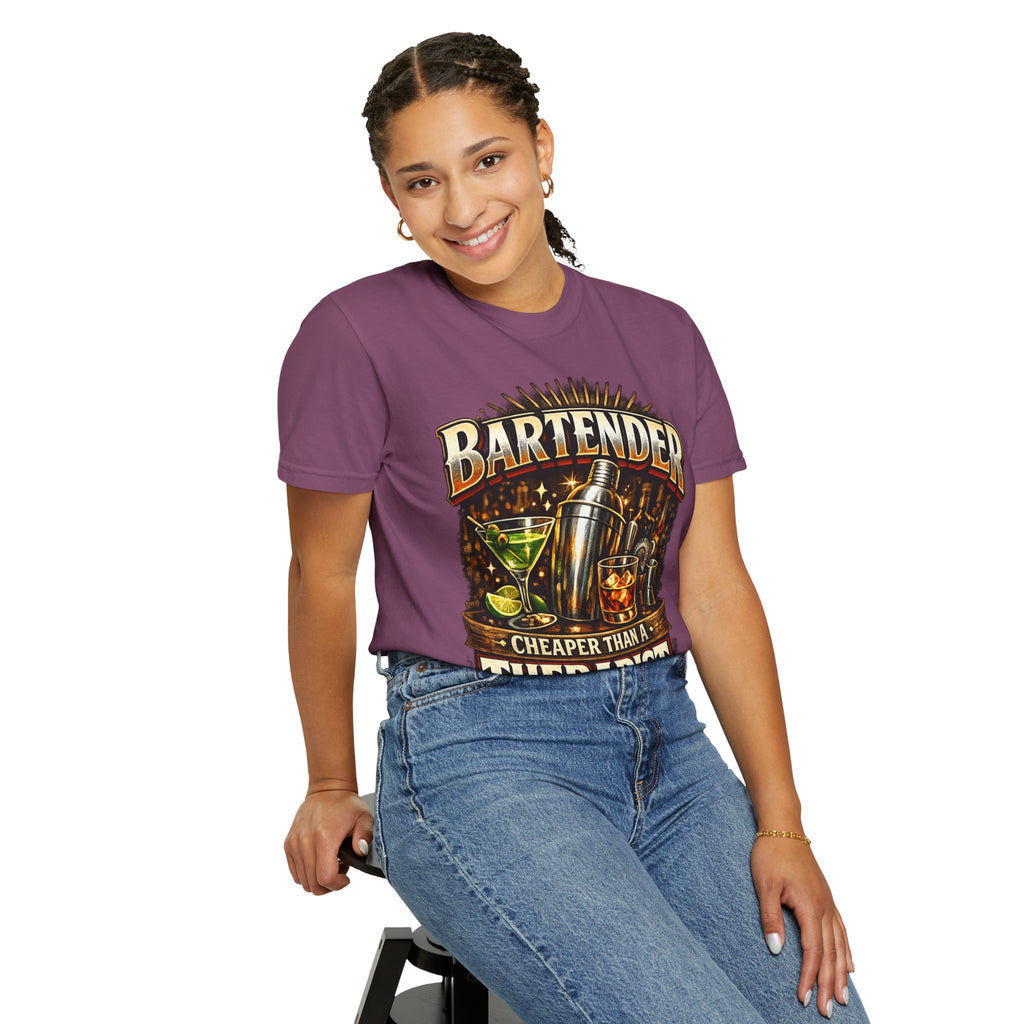 Bartender T-Shirt — "Bartender: Cheaper Than a Therapist" Vintage Bar Graphic Tee