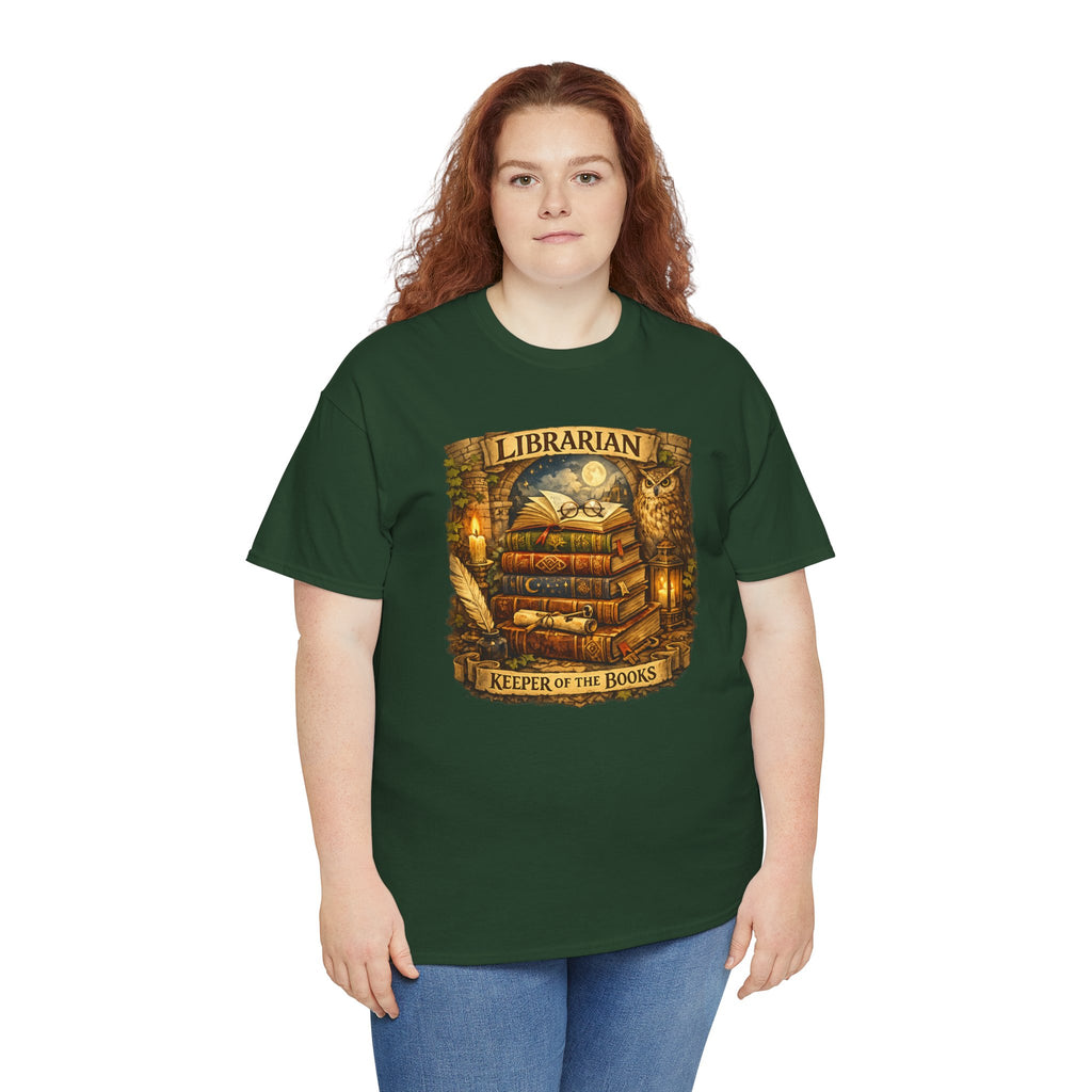 Librarian 'Keeper of the Books' T-Shirt — Vintage Bookstack & Owl Graphic