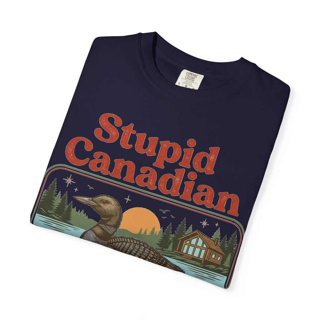 Stupid Canadian Wolf-Bird Classic Shirt, Loon Lake Scene Badge Tee, Funny Cabin Shirt, Lake Life Gift