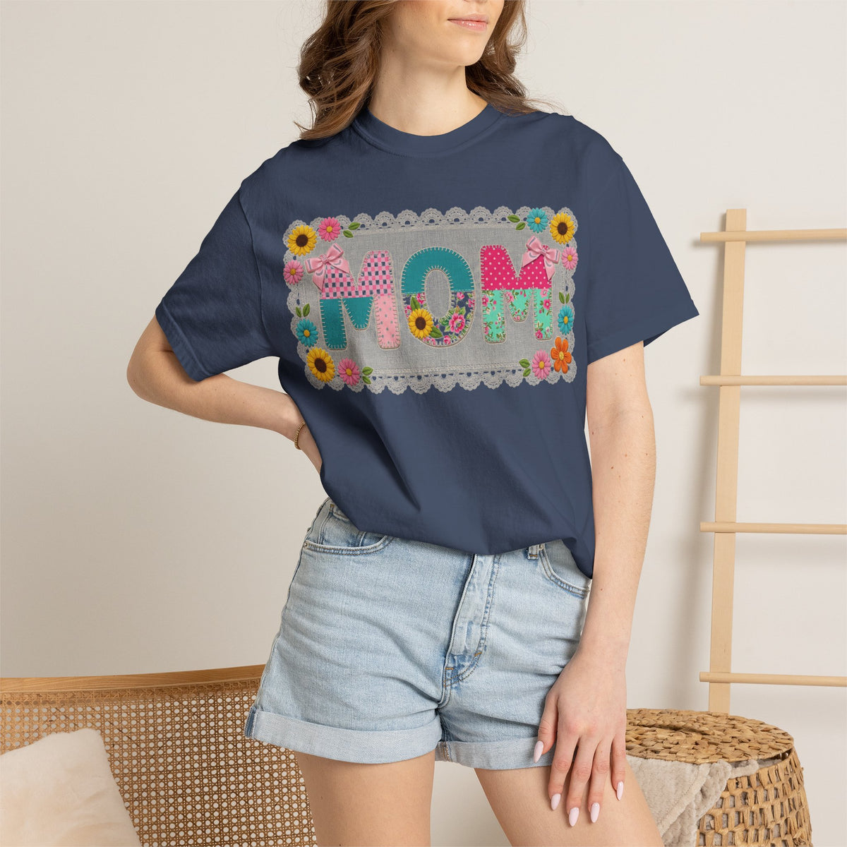 Mom Patchwork Applique Shirt, Faux Embroidery Floral MOM Tee, Mothers Day Shirt, Gift For Mom
