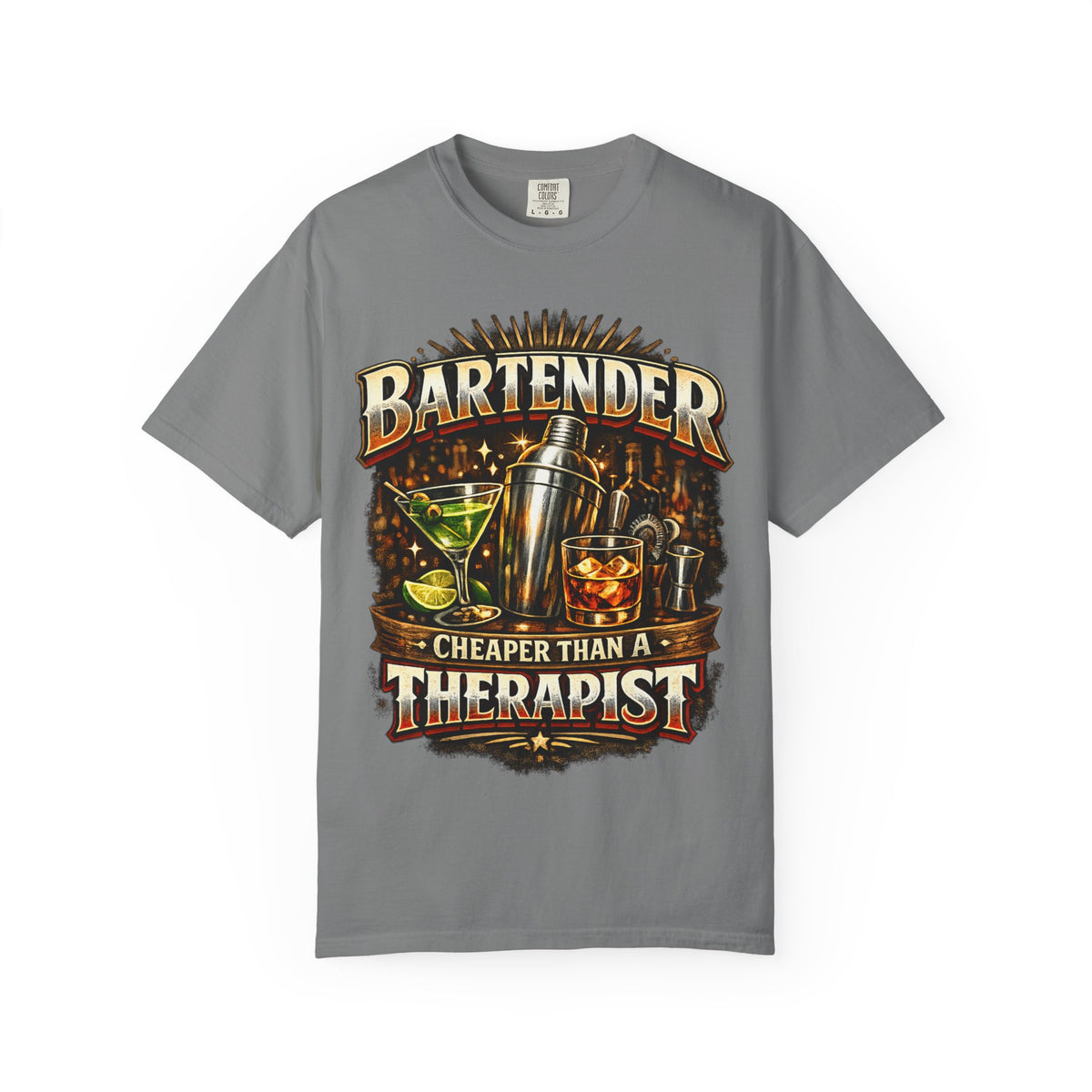 Bartender T-Shirt — "Bartender: Cheaper Than a Therapist" Vintage Bar Graphic Tee