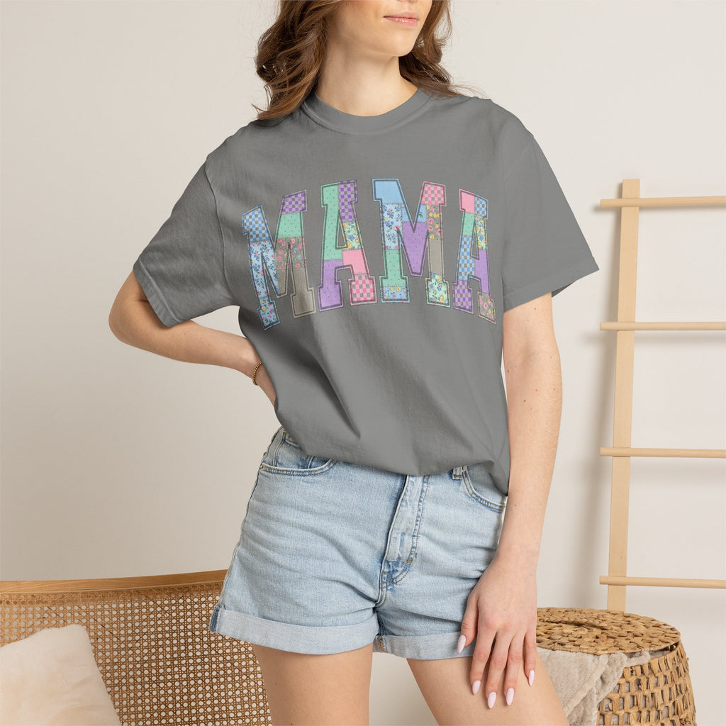 Mama Arched Patchwork Shirt, Pastel Quilt Letter Tee, Cottagecore Mom Shirt, Mothers Day Gift