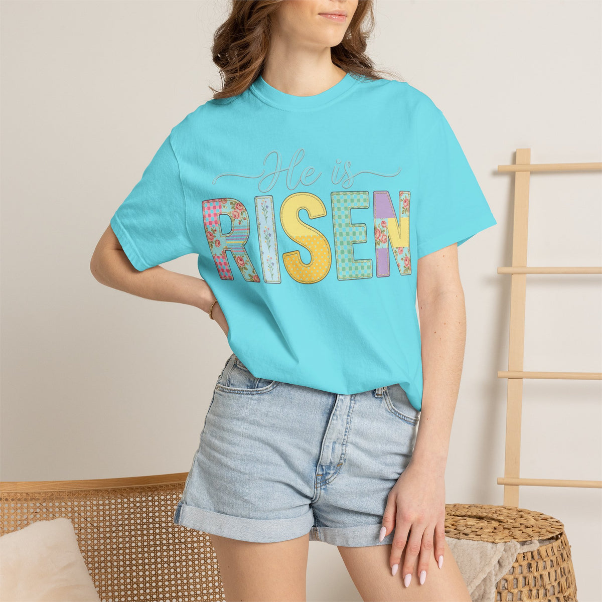 He Is Risen Floral Applique Shirt, Rose Gingham Easter Tee, Christian Patchwork Shirt, Easter Gift