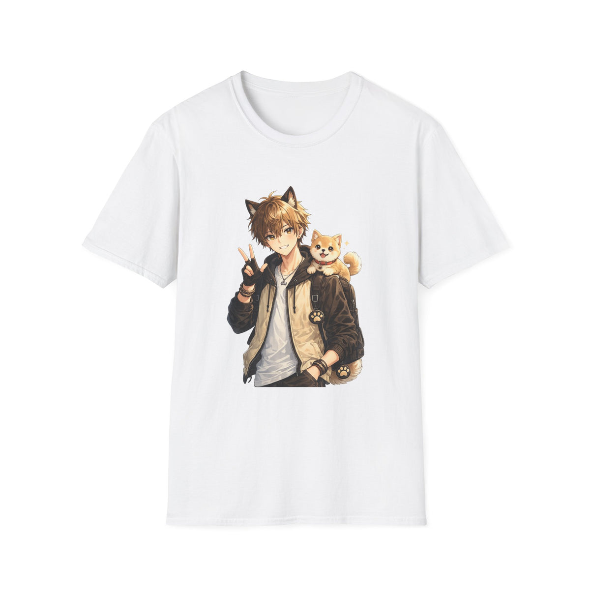 Anime Boy with Shiba Inu T-Shirt — Cute Kawaii Cat-Eared Character Tee
