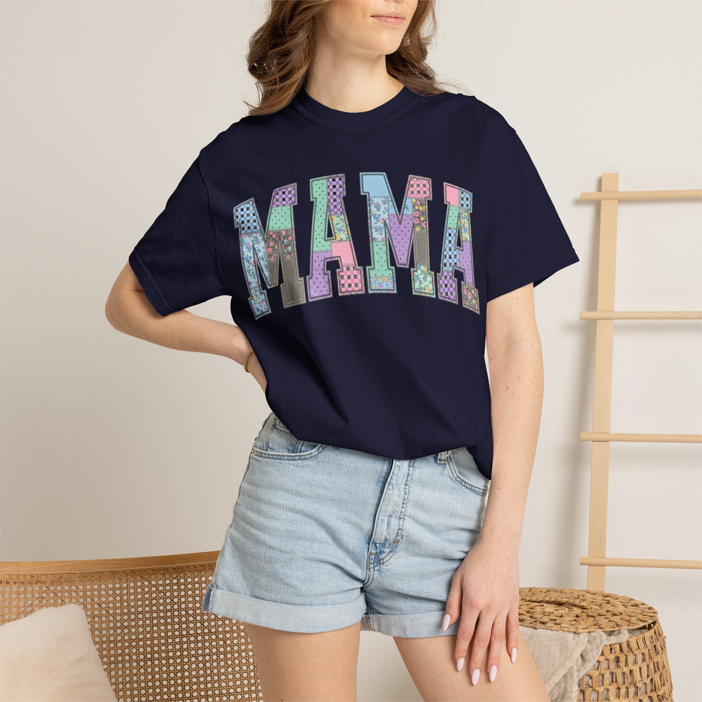 Mama Arched Patchwork Shirt, Pastel Quilt Letter Tee, Cottagecore Mom Shirt, Mothers Day Gift