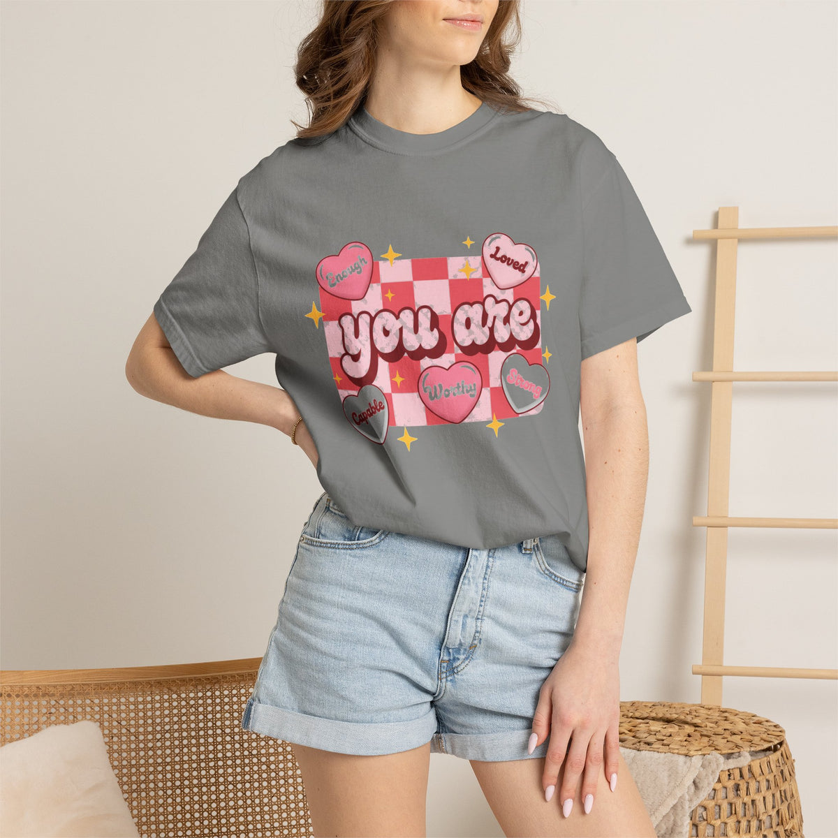 You Are Enough Pink Check Shirt, Affirmation Conversation Heart Tee, Valentines Shirt, Self Love Gift