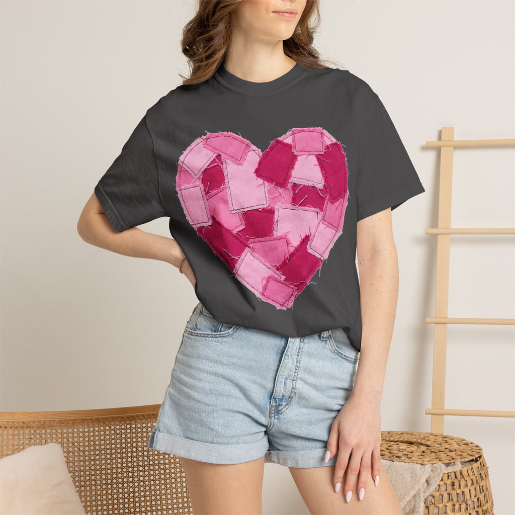 Patchwork Heart Shirt, Frayed Pink Quilt Heart Tee, Shabby Chic Valentine Shirt, Cozy Gift