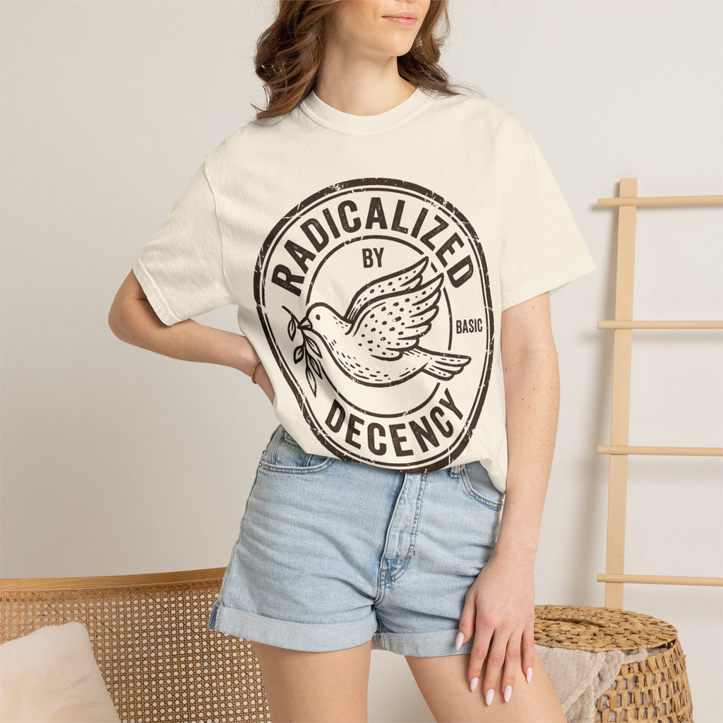 Radicalized By Basic Decency Brown Stamp Shirt, Flying Dove Badge Tee, Kindness Activist Shirt, Ally Gift