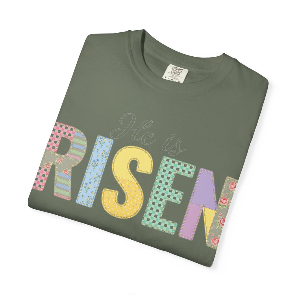 He Is Risen Patchwork Shirt, Faux Applique Easter Tee, Gingham Floral Christian Shirt, Easter Gift