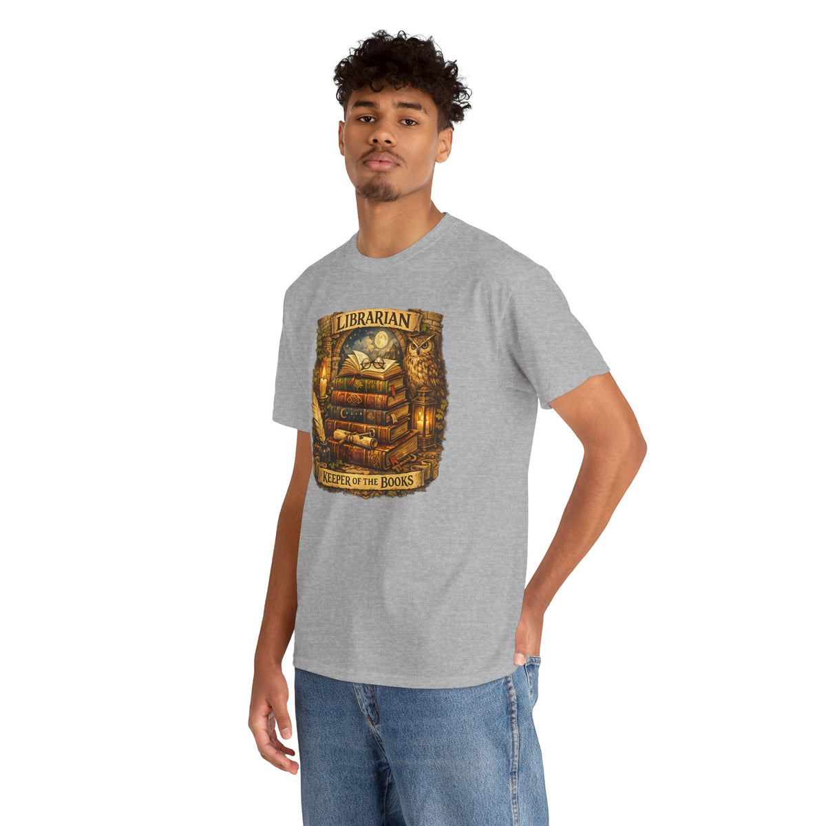 Librarian 'Keeper of the Books' T-Shirt — Vintage Bookstack & Owl Graphic