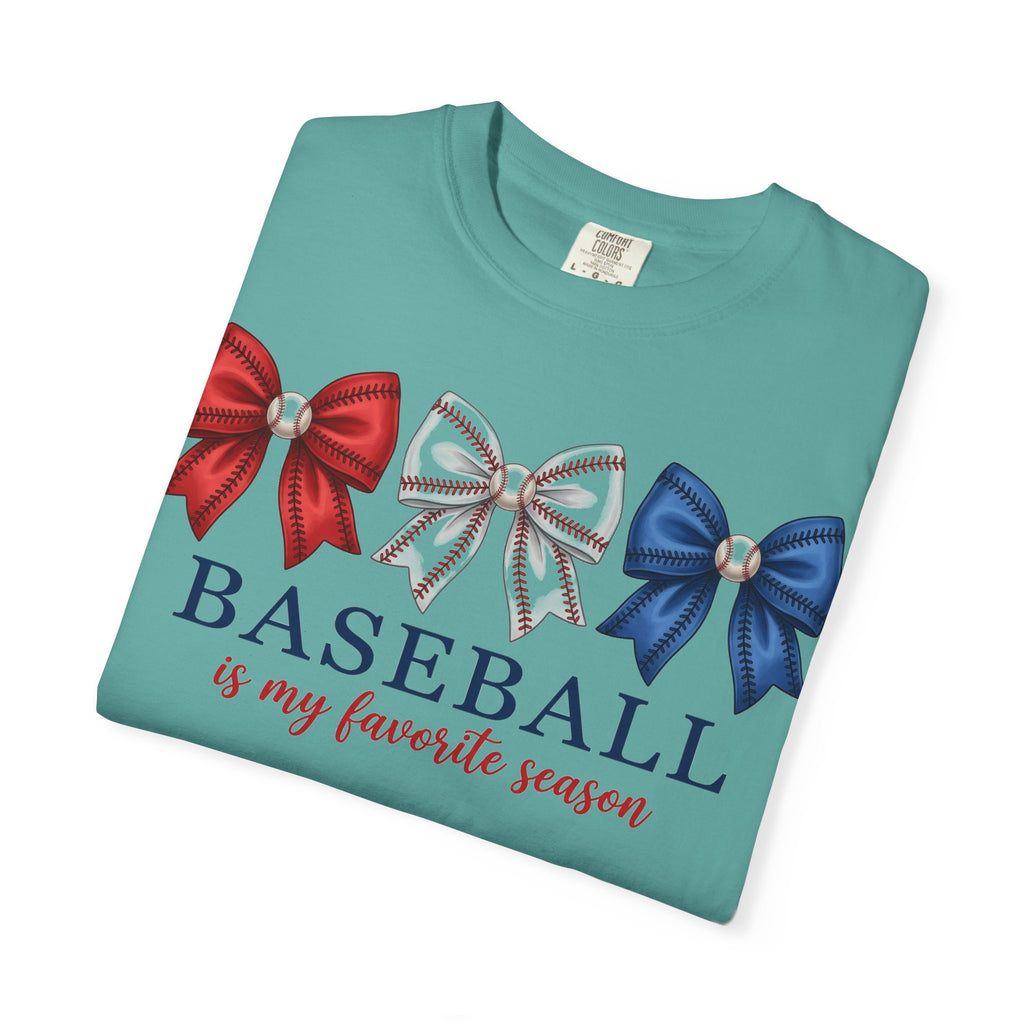Baseball Is My Favorite Season Tee, Small Bow Trio Baseball Shirt, Coquette Sports Mom Shirt, Game Day Gift