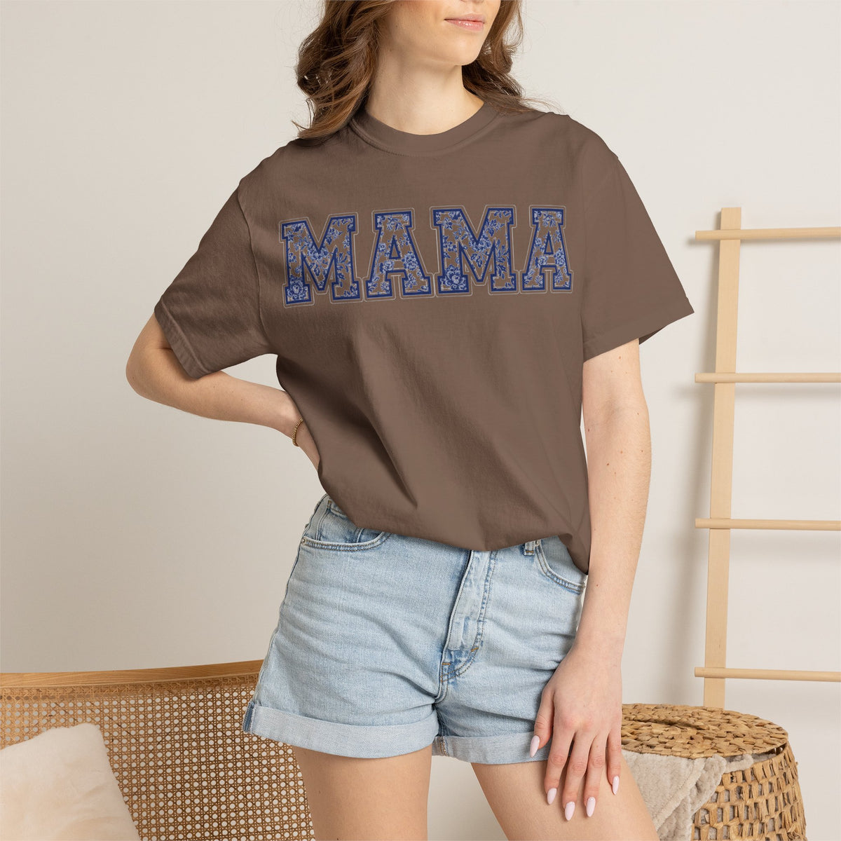 Mama Delft Blue Floral Shirt, Toile Varsity Applique Tee, Grandmillennial Mom Shirt, Mothers Day Gift